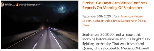 Fireball Dash Cam Video Pennsylvania September 30