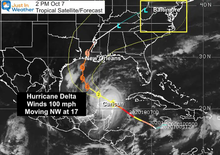 Hurricane Delta satellite track October 7 Wednesday afternoon