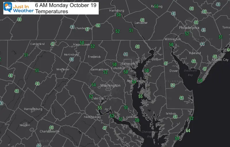 October 19 weather temperatures Monday morning