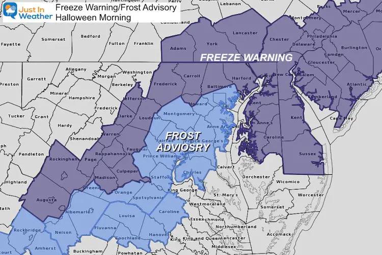 October 31 weather freeeze warning frost advisory