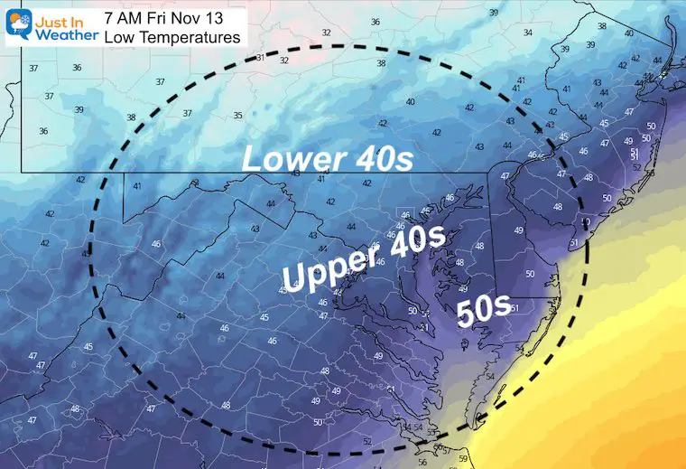 November 12 weather temperatures Friday morning