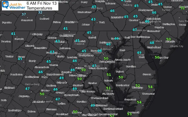 November 13 weather temperatures Friday morning