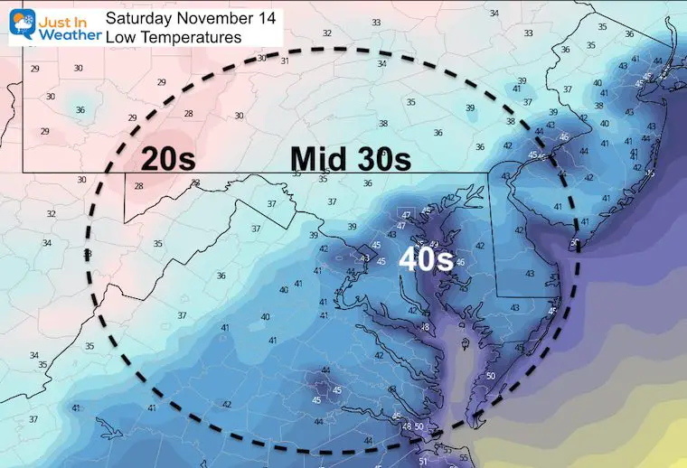 November 13 weather temperatures Saturday morning