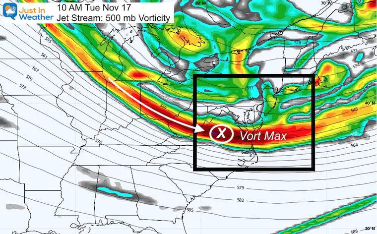 November 15 weather jet stream vort max Tuesday