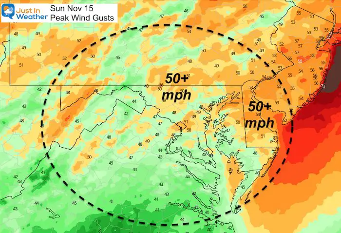 November 15 weather peak wind gusts Sunday