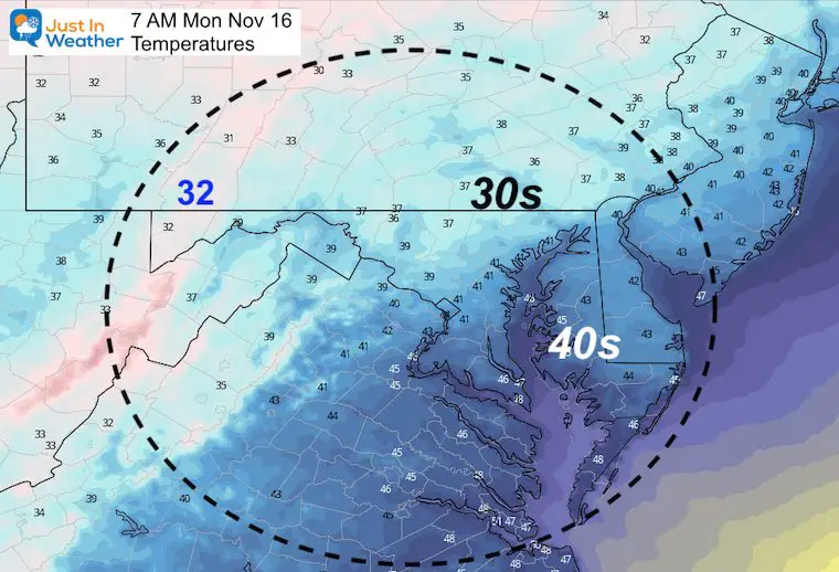 November 15 weather temperatures Monday morning