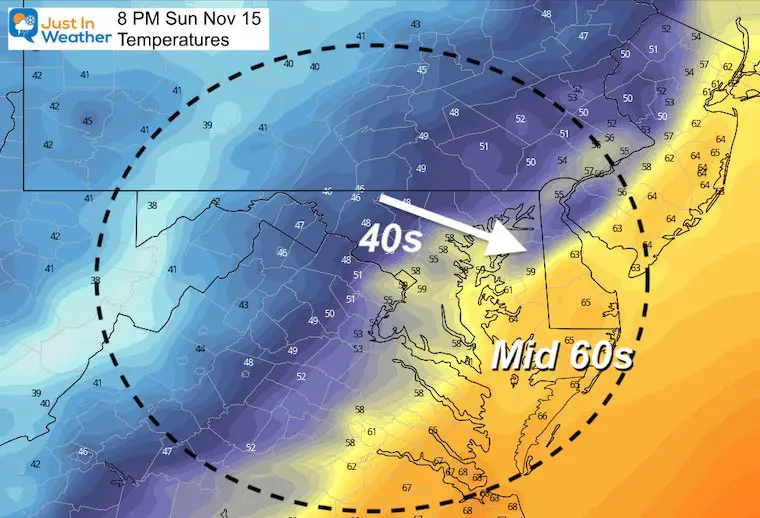 November 15 weather temperatures Sunday evening