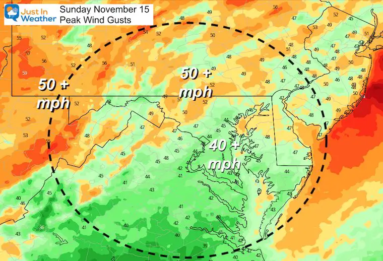 November 15 weather wind gusts Sunday afternoon