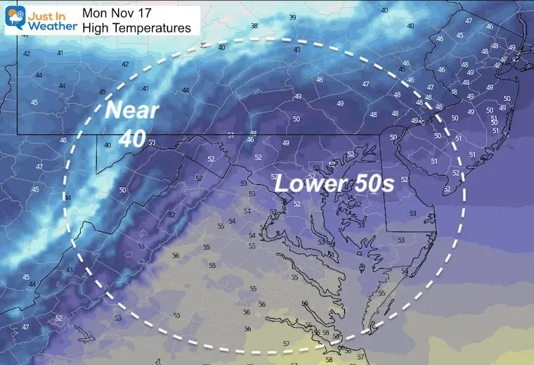 November 16 weather temperatures Monday afternoon