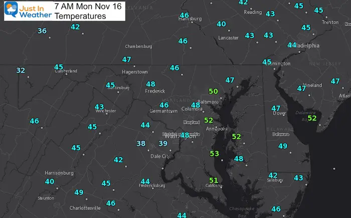 November 16 weather temperatures Monday morning