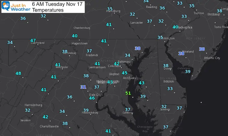 November 17 weather temperatures Tuesday morning