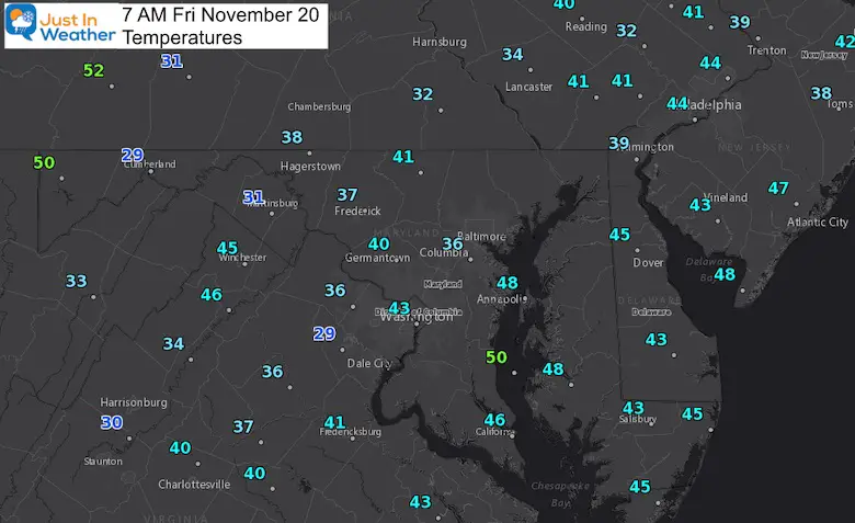 November 20 weather temperatures Friday morning