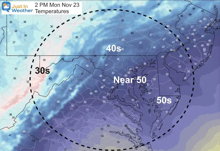 November 22 weather temperatures Monday morning