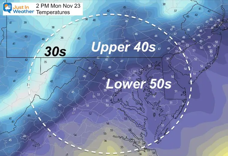 November 23 weather temperatures Monday afternoon