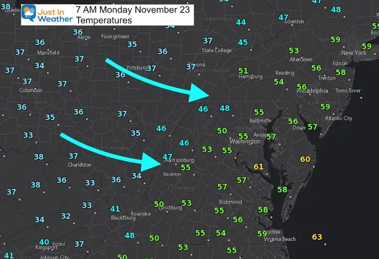 November 23 weather temperatures Monday