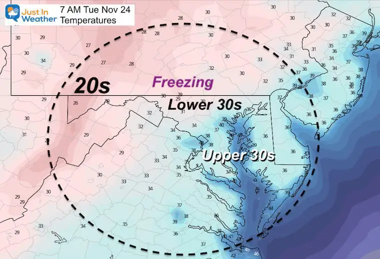 November 23 weather temperatures Tuesday morning