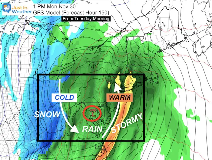 November 24 weather storm snow forecast Monday GFS 150