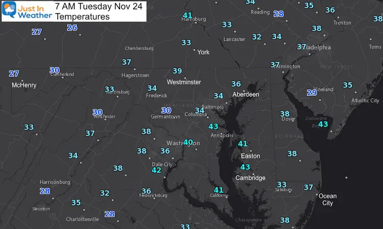 November 24 weather temperatures Tuesday morning