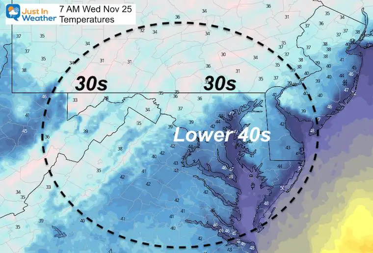 November 24 weather temperatures Wednesday morning