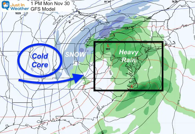 November 27 weather storm Monday rain snow COLD GFS