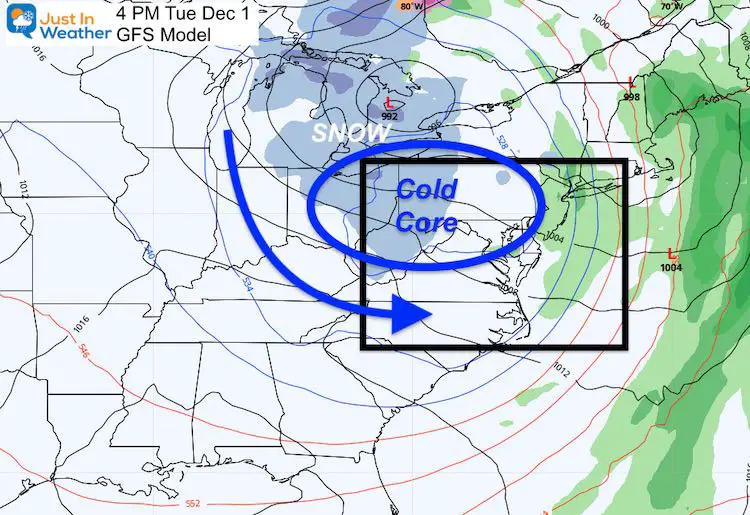 November 27 weather storm Tuesday rain snow COLD GFS