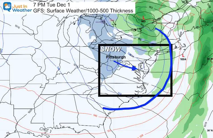 November 28 weather storm snow rain Tuesday 7 PM