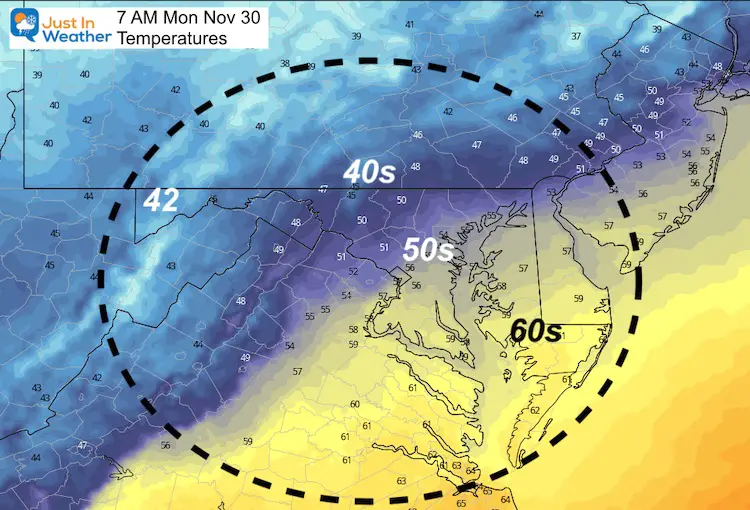 November 30 weather Temperatures Monday morning