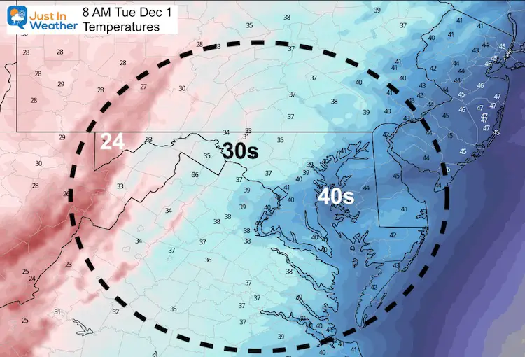 November 30 weather Temperatures Tuesday morning