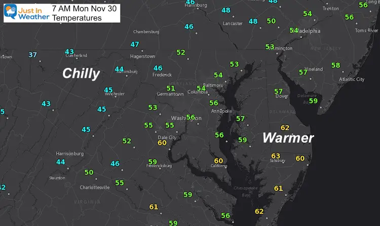 November 30 weather temperatures Monday morning