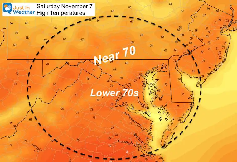 November 7 weather temperatures Saturday afternoon