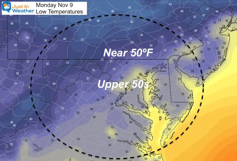 November 8 weather temperatures Monday morning