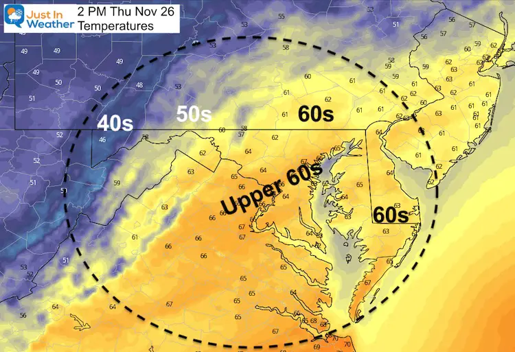 Novmeber 26 Thanksgiving weather temperatures afternoon