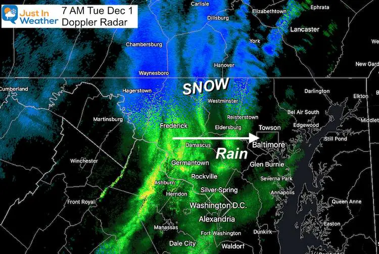 December 1 weather radar snow Tuesday 7 AM