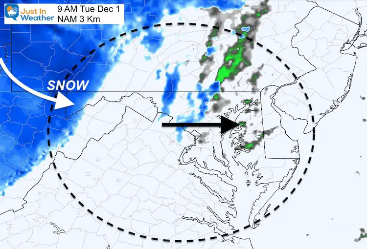 December 1 weather snow Tuesday 9 AM