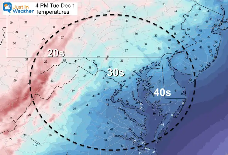 December 1 weather temperatures Tuesday 4 PM