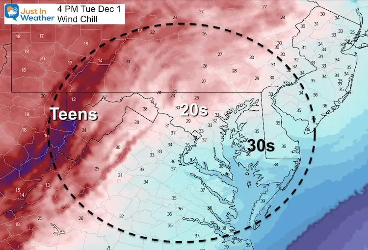 December 1 weather wind chill Tuesday 4 PM