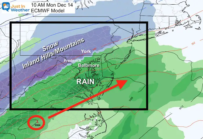 December 11 weather snow rain Monday ECMWF