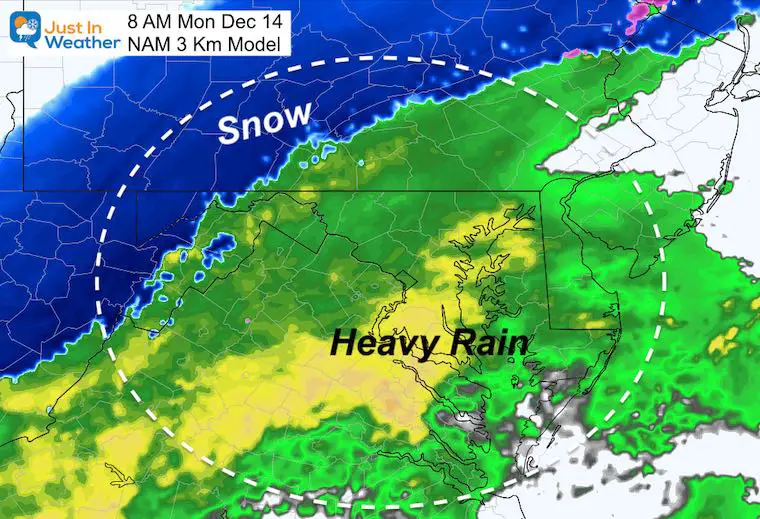 December 14 weather snow rain Monday 8 AM