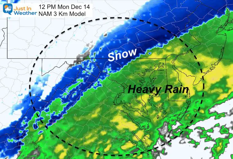 December 14 weather snow rain Monday Noon