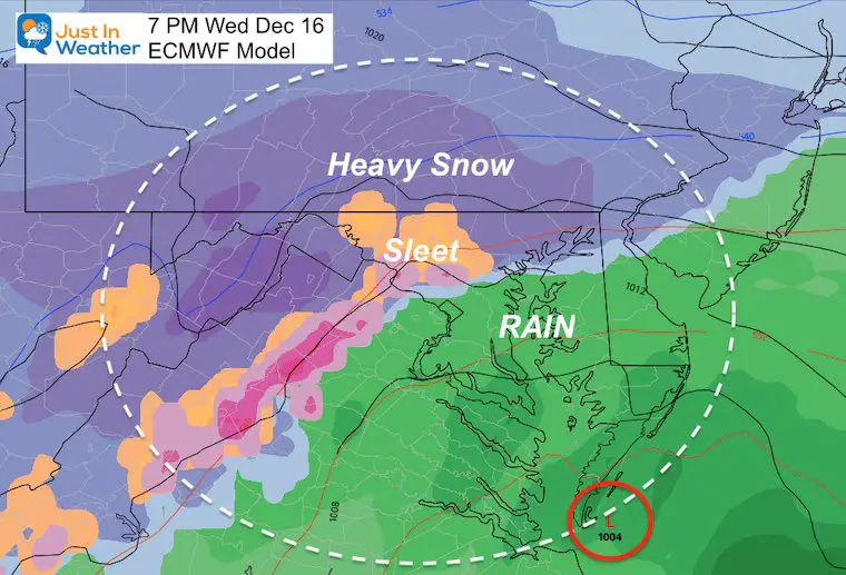 December 15 weather storm snow rain Wednsday 7 PM ECMWF