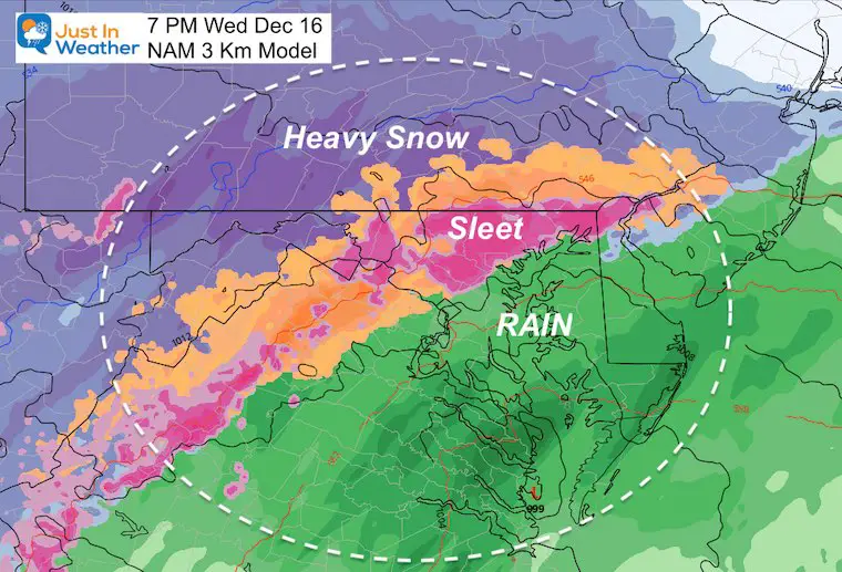 December 15 weather storm snow rain Wednsday 7 PM NAM