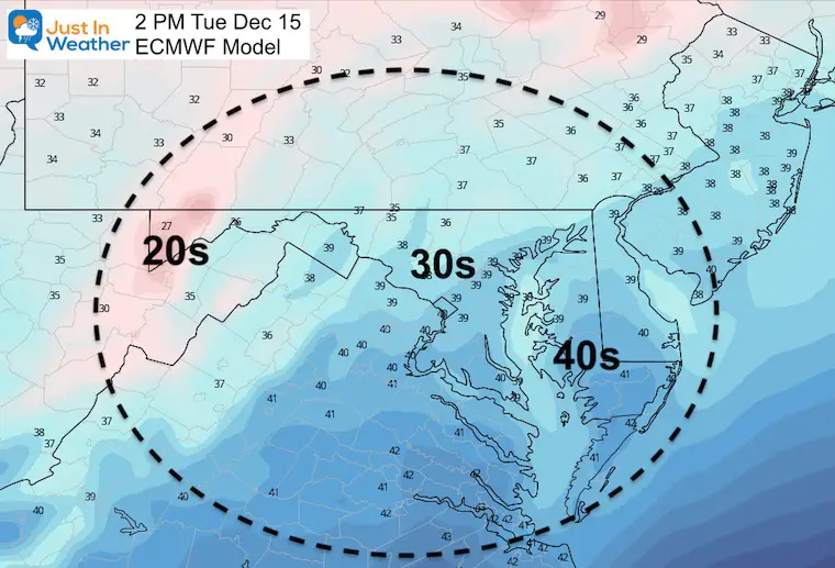 December 15 weather temperatures Tuesday afternoon