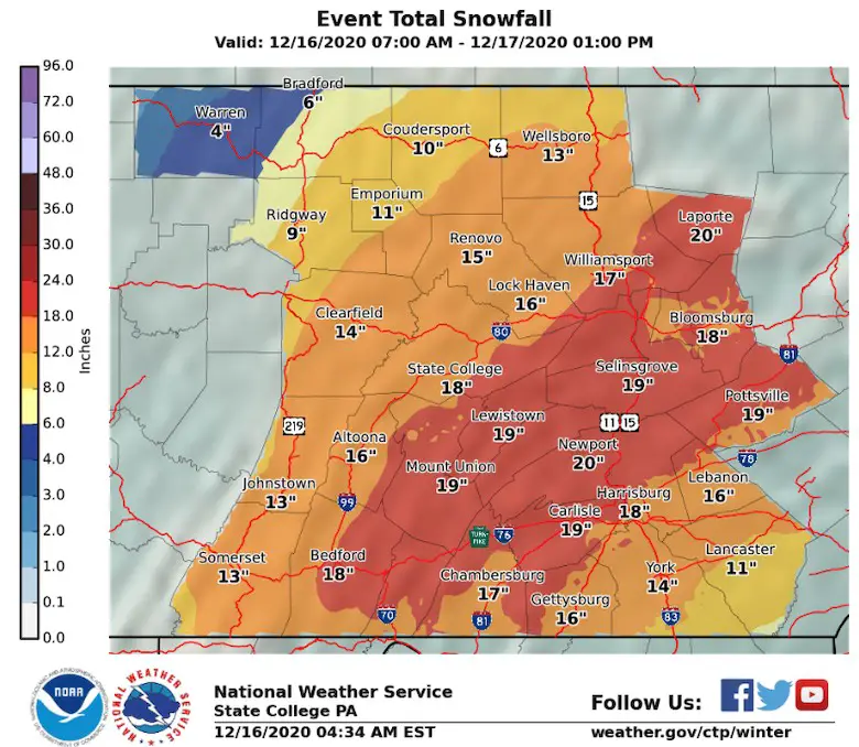 December 16 snow totals NWS Pennsylvania