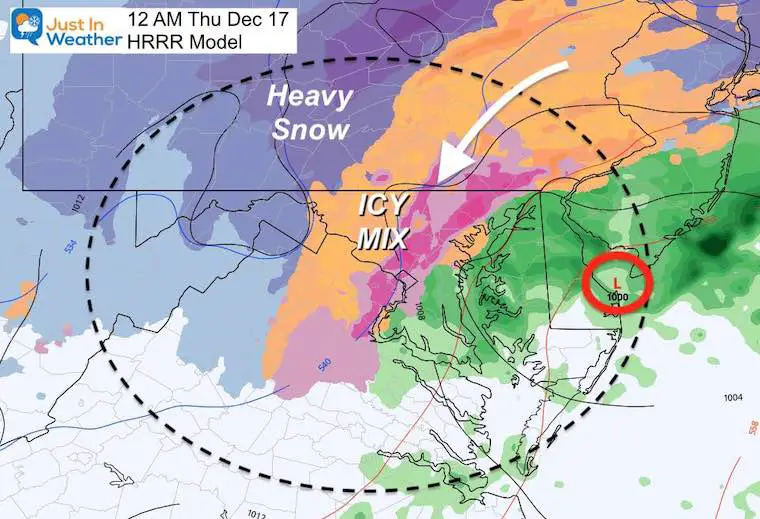 December 16 weather storm ice snow Thursday 12 AM HRRR