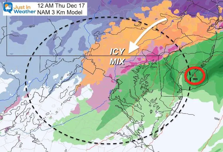 December 16 weather storm ice snow Thursday 12 AM NAM