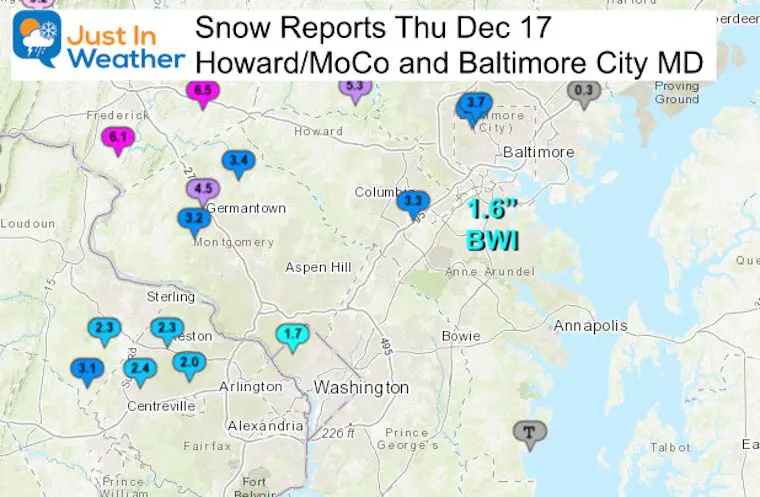 December 17 storm snow reports Balltimore central Maryland