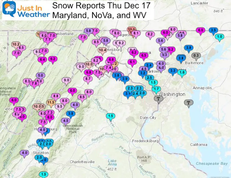 December 17 storm snow reports Maryland VA and WV