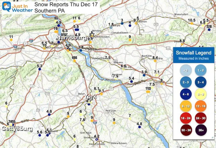 December 17 storm snow reports Pennsylvania