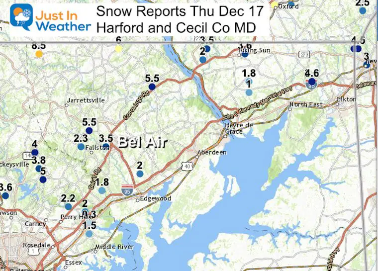 December 17 storm snow reports northeast Maryland