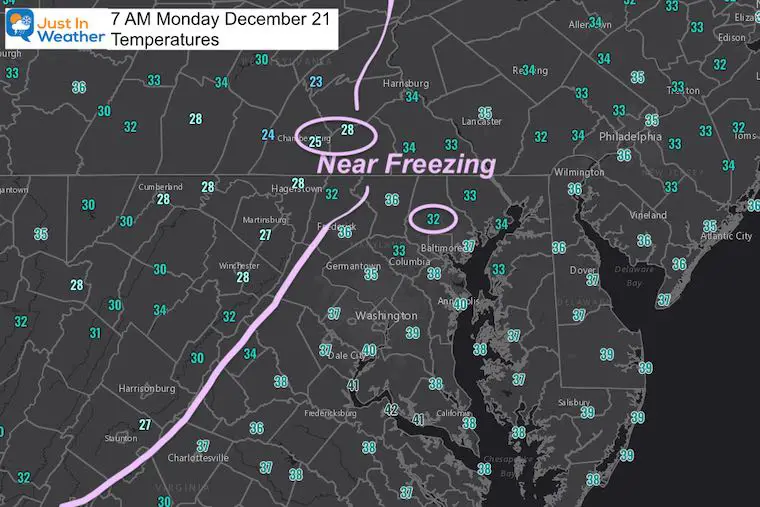December 21 weather temperatures Monday morning